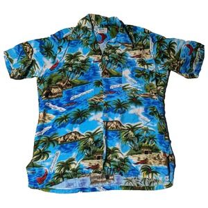 VTG NATIONAL SPORT SHIRTS MANHATTAN Men Large Blue Tropical Jamaican Camp Shirt